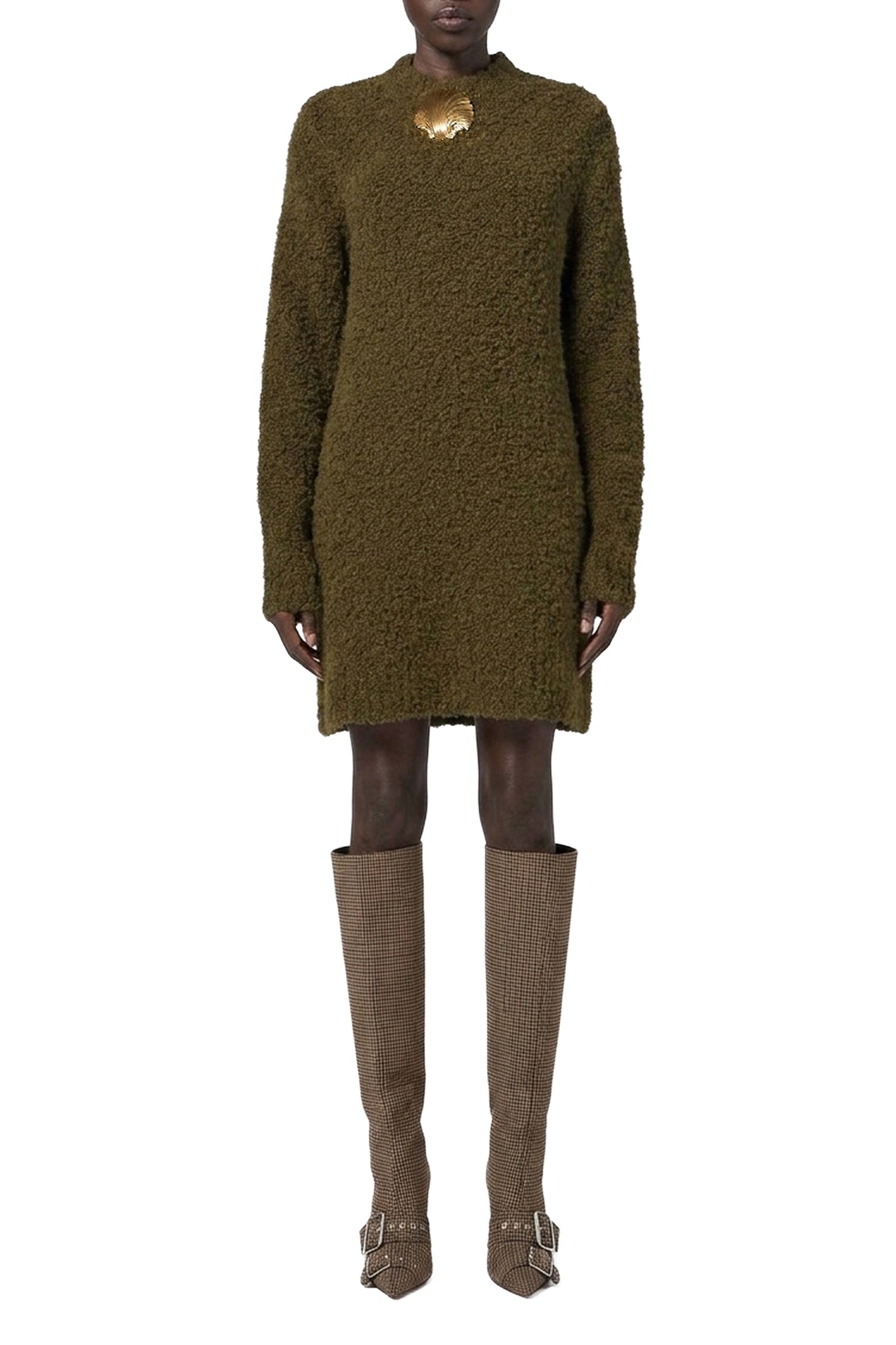 Robe pull effet bouclette avec broche en laine - Olive
