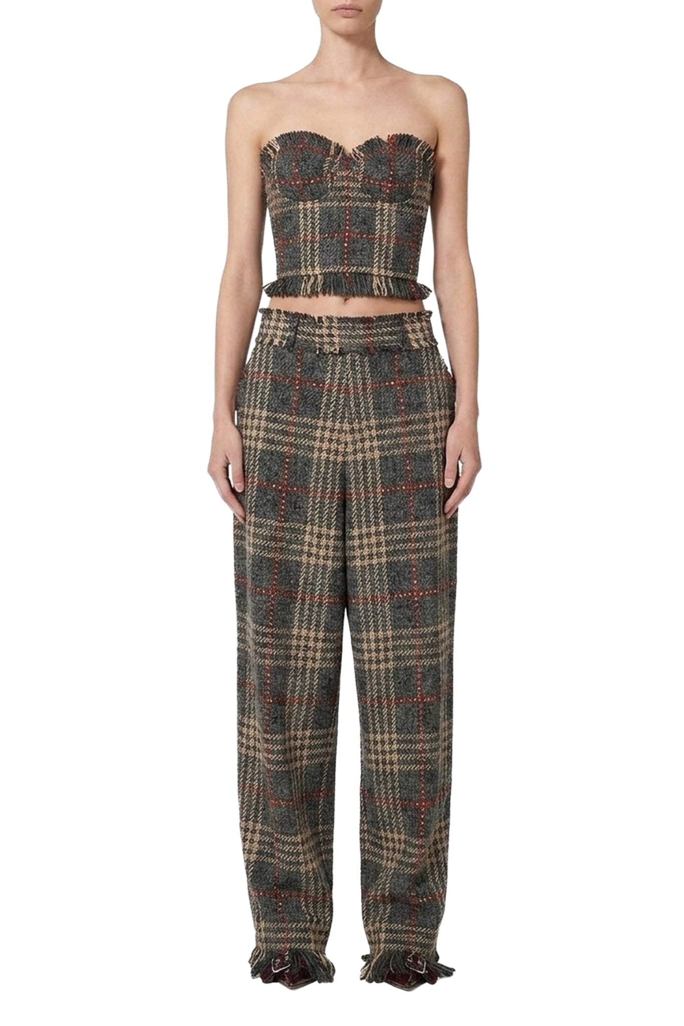Pantalon large à carreaux avec franges en laine - Grey
