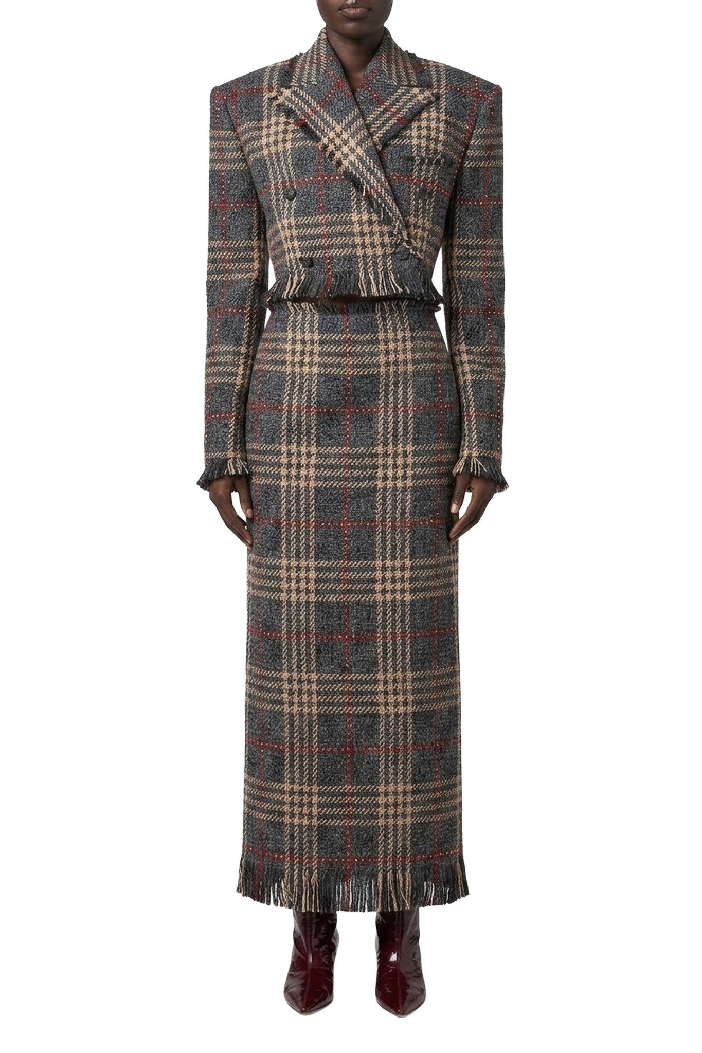 Jupe midi imprimé tartan en laine - Grey