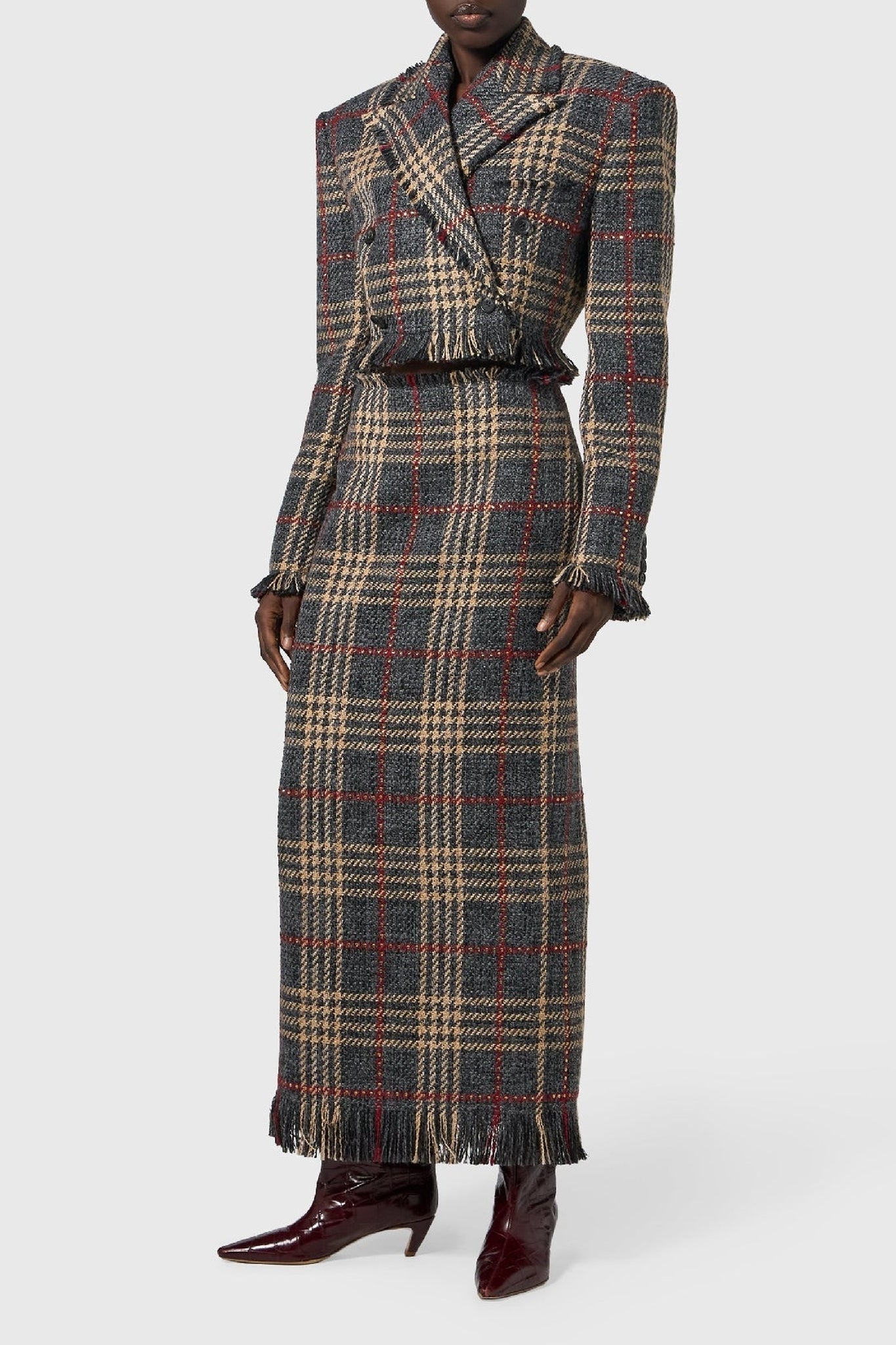 Jupe midi imprimé tartan en laine - Grey