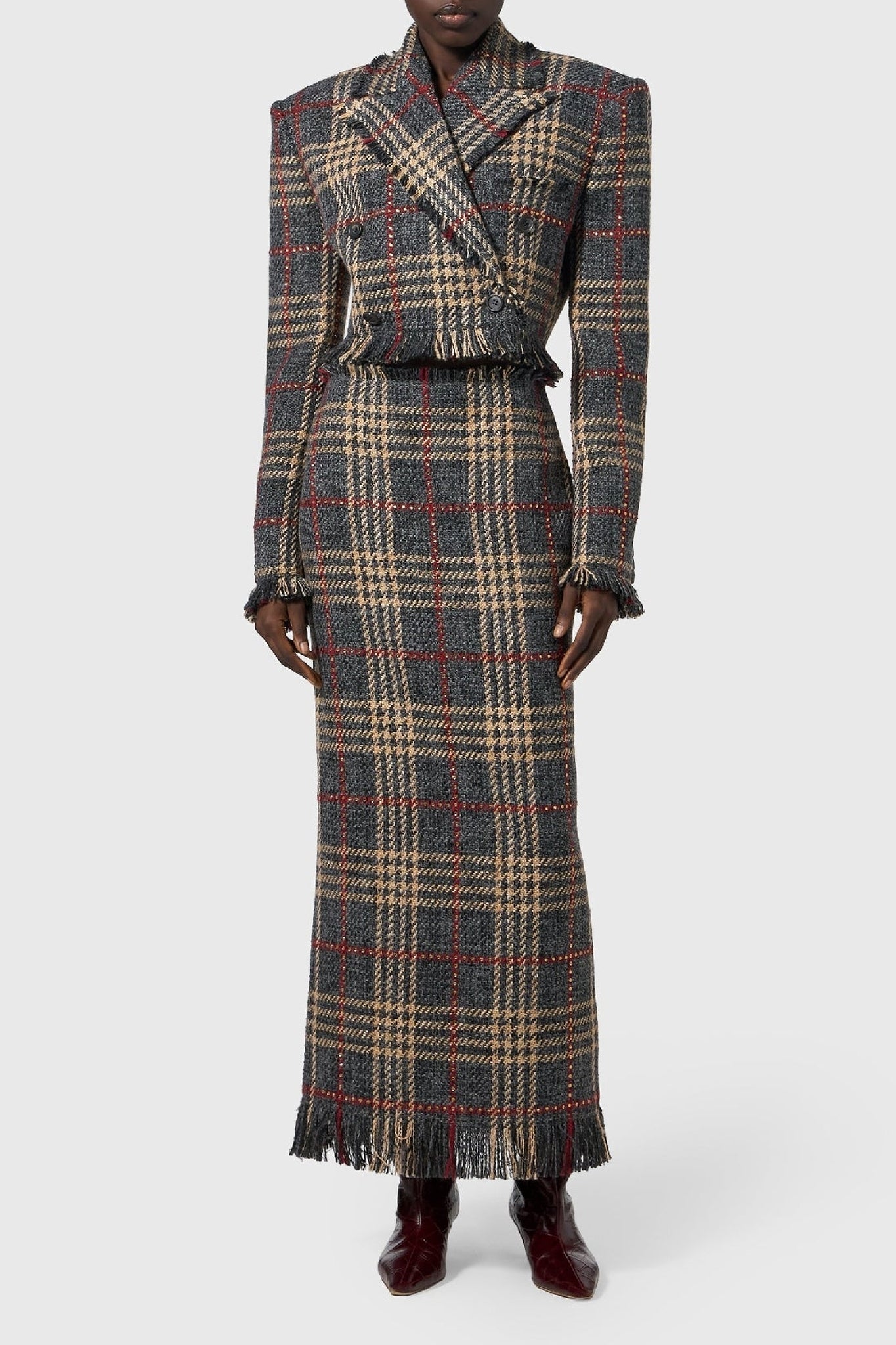 Jupe midi imprimé tartan en laine - Grey