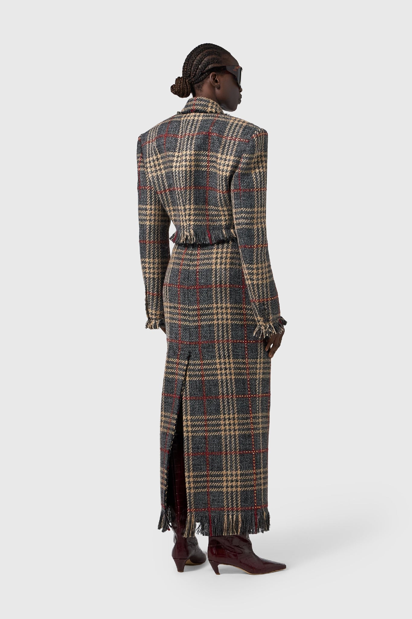 Jupe midi imprimé tartan en laine - Grey
