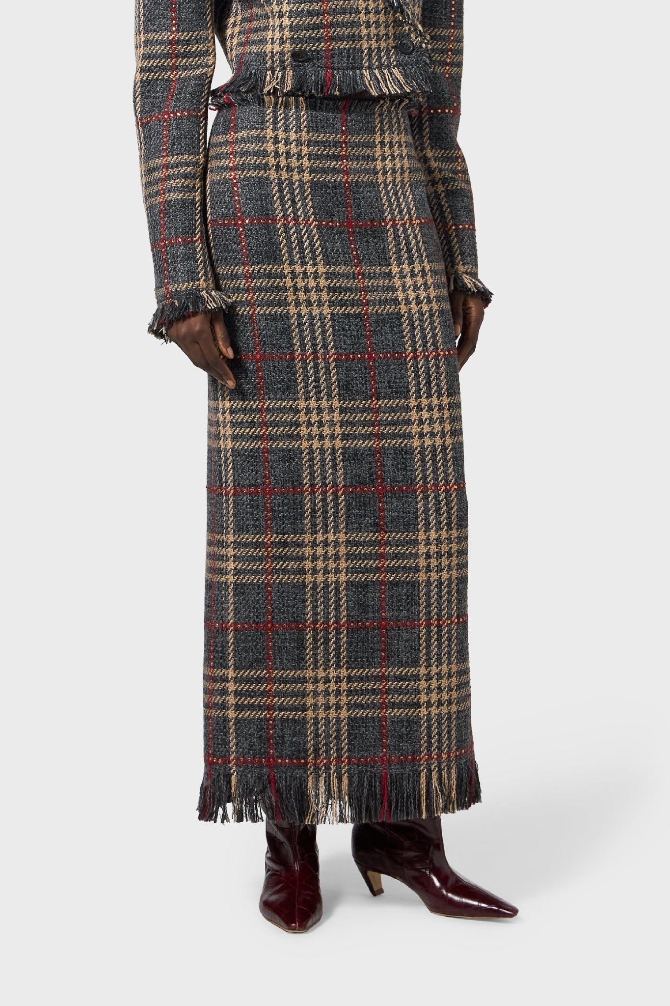 Jupe midi imprimé tartan en laine - Grey