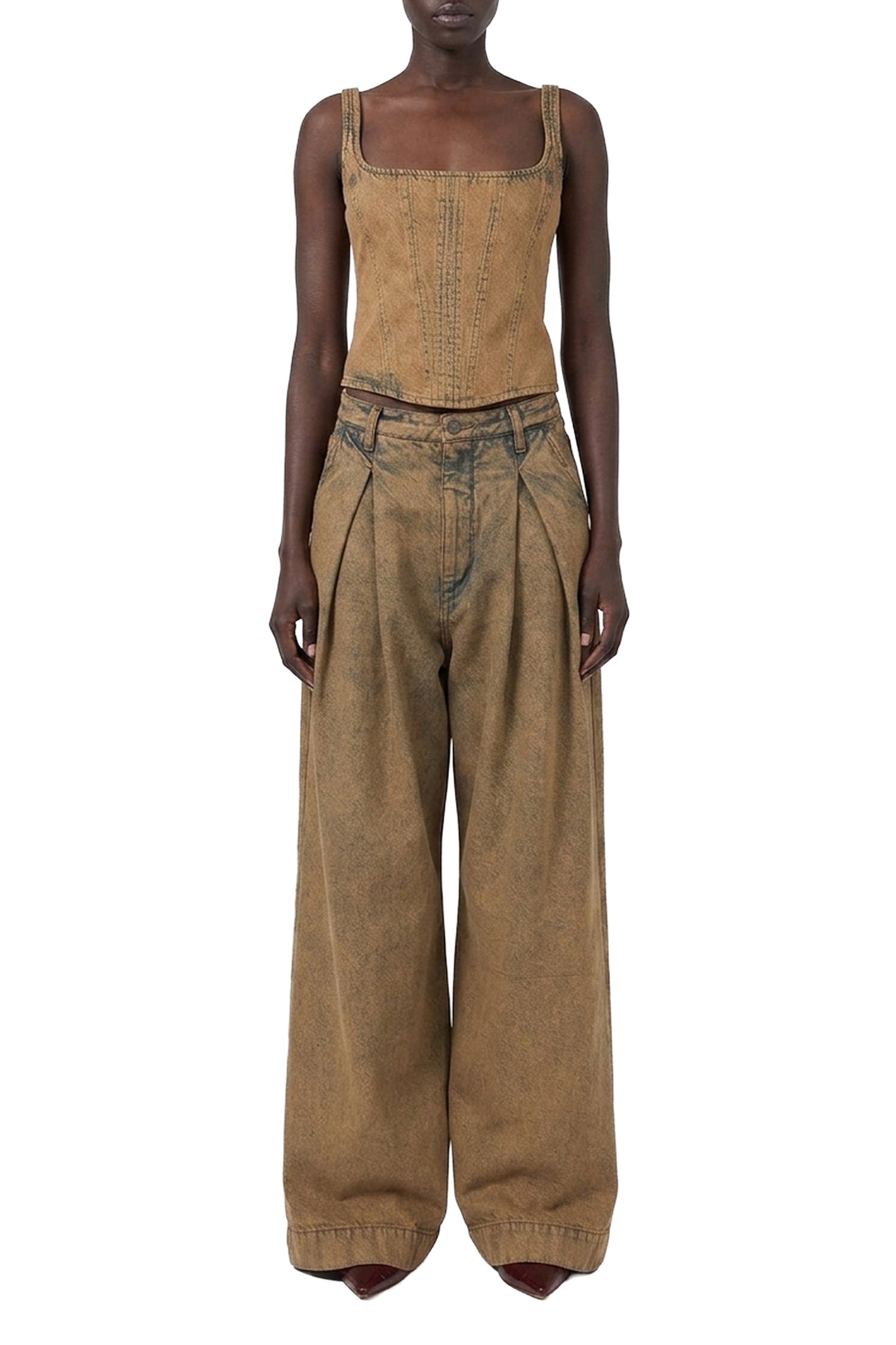 Pantalon large à pinces en denim - Beige