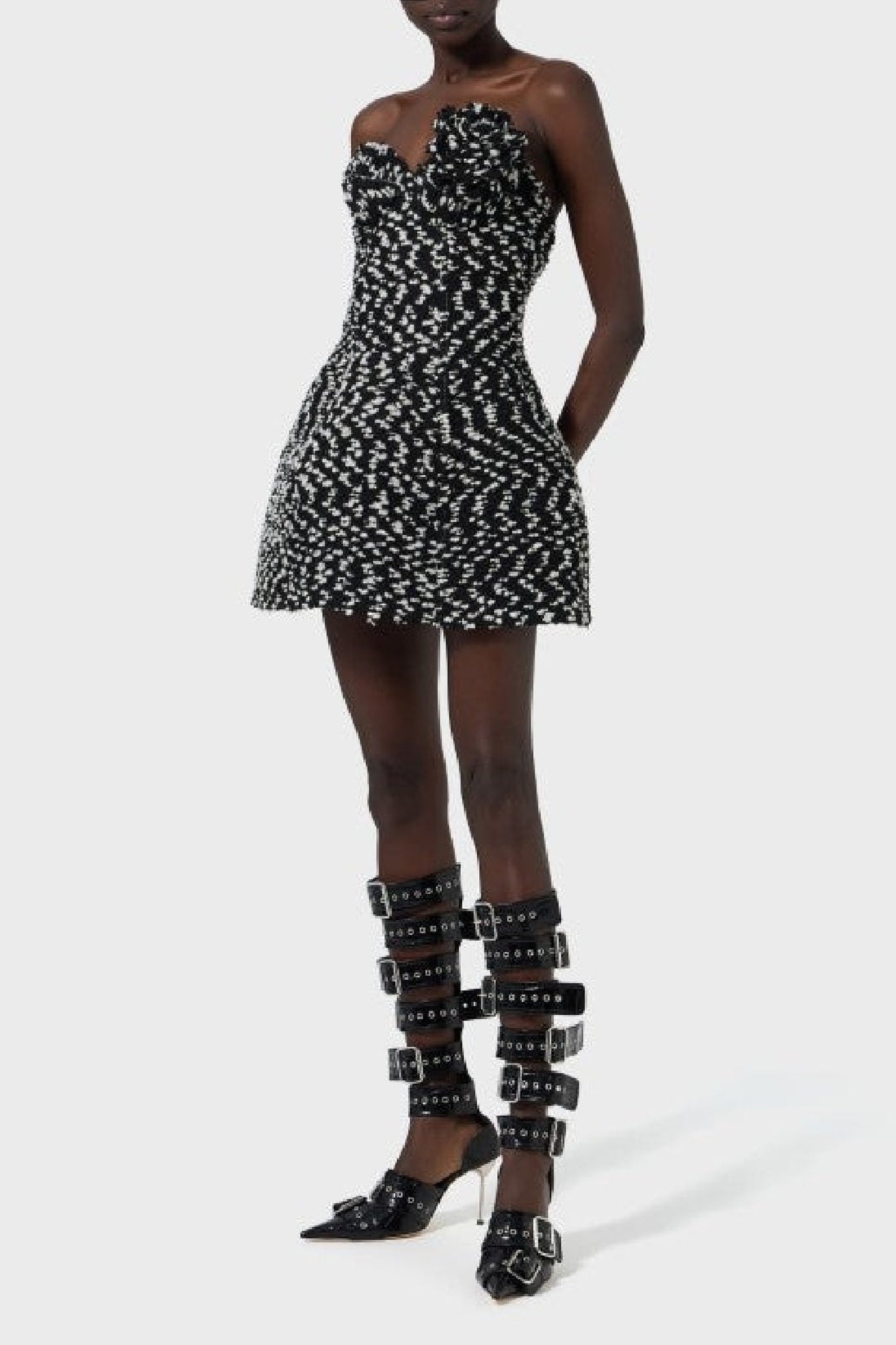 Robe mini à broche florale en laine mélangée - Black & White