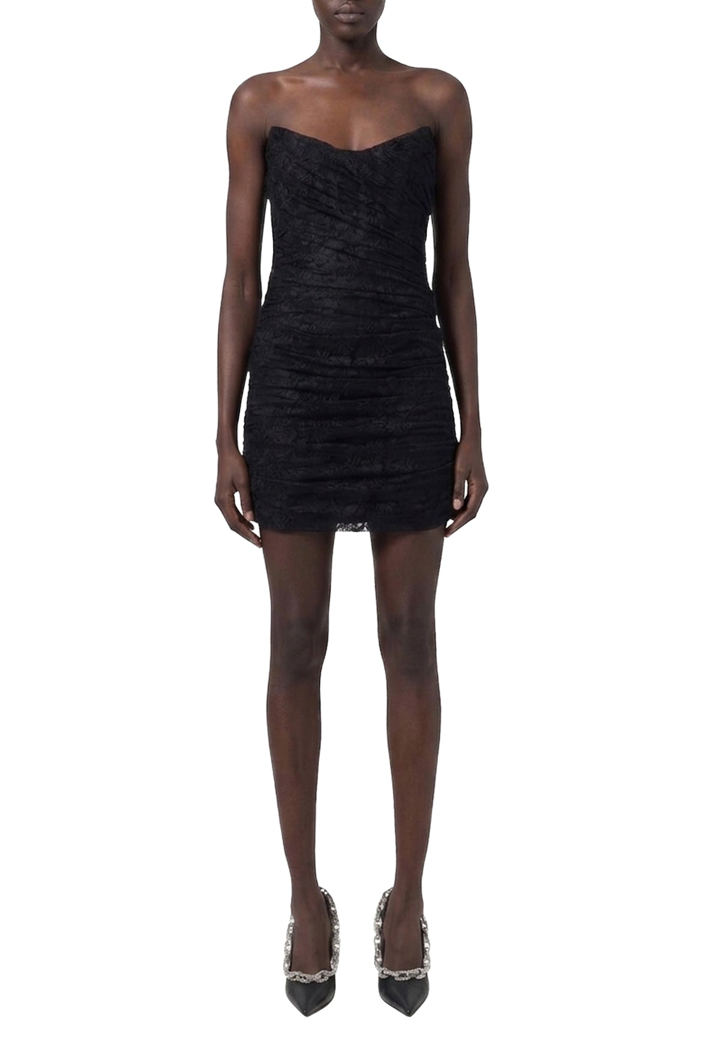 Robe courte bustier en dentelle froncée - Black