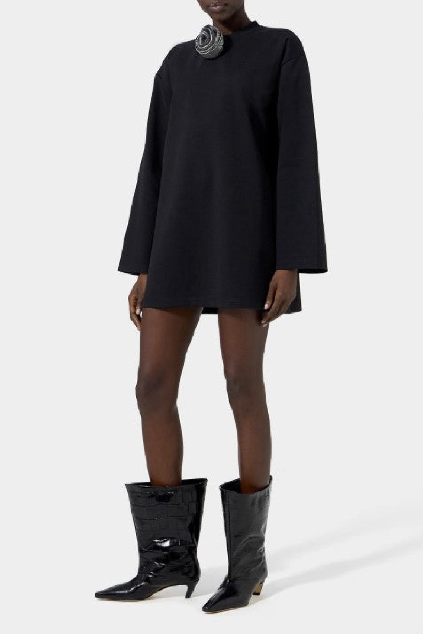 Robe mini à strass à broche florale - Black