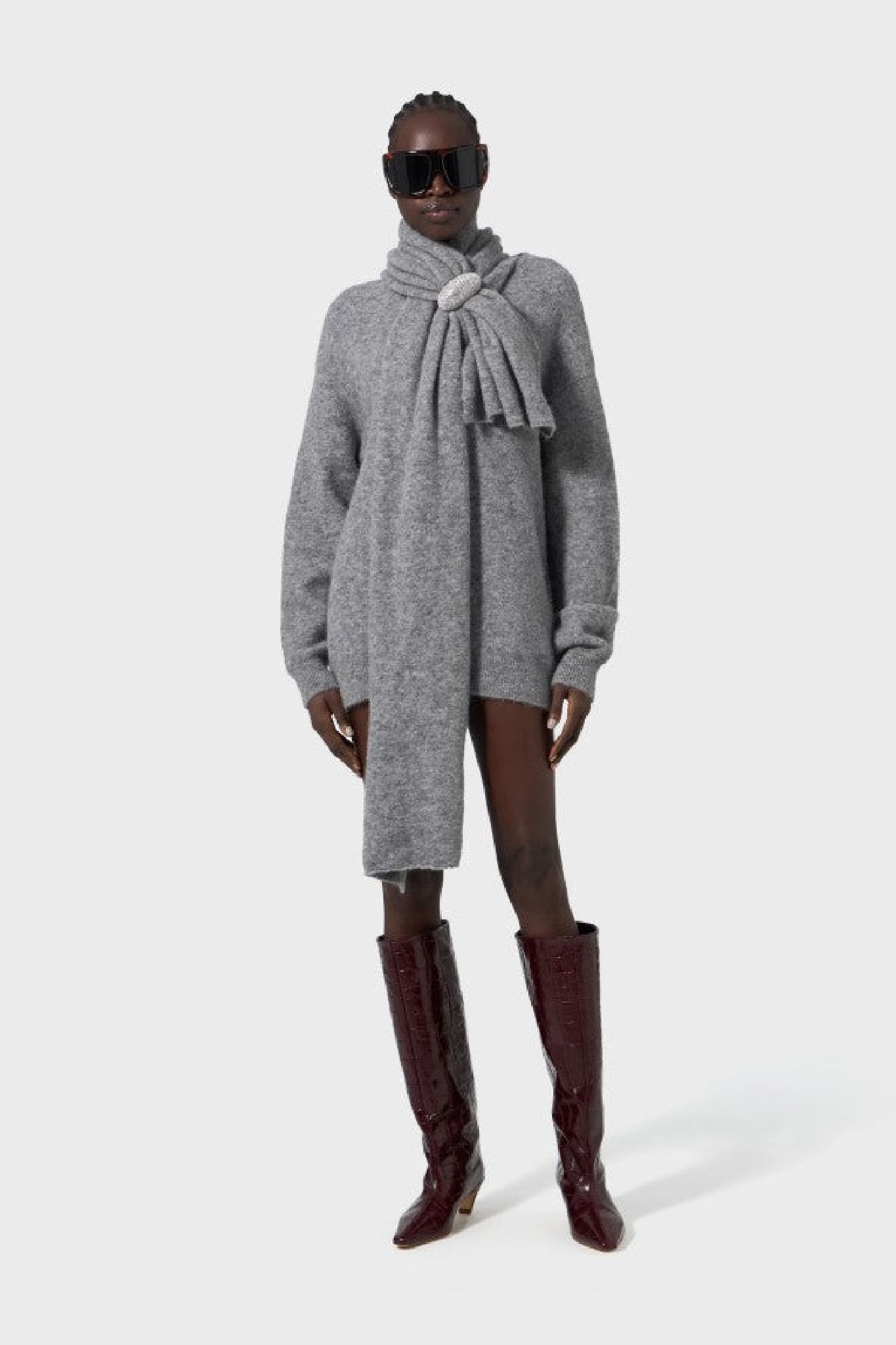 RECOLO GREY /// Robe mini avec écharpe intégrée en laine - Grey