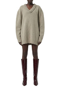 Pull oversize à col V torsadé en laine - Beige