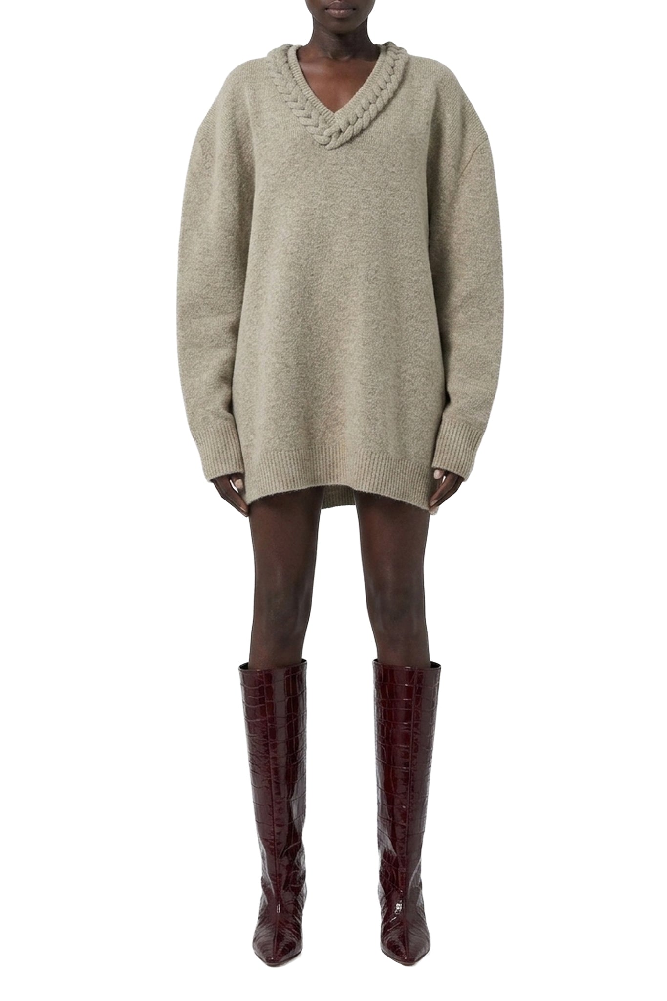 Pull oversize à col V torsadé en laine - Beige