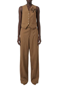Gilet à fleur appliquée en laine - Camel