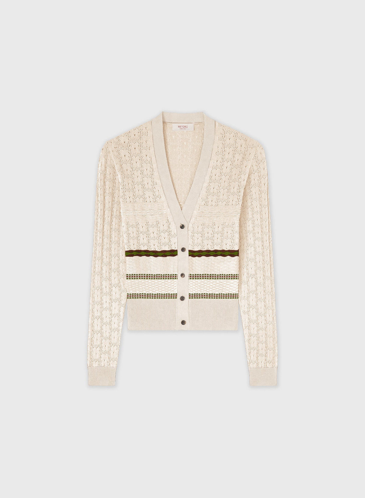 BUTTER, TOBACCO, GREEN MIX STITCH KNIT CARDIGAN