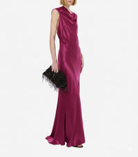 Robe longue asymétrique en satin - Fuchsia
