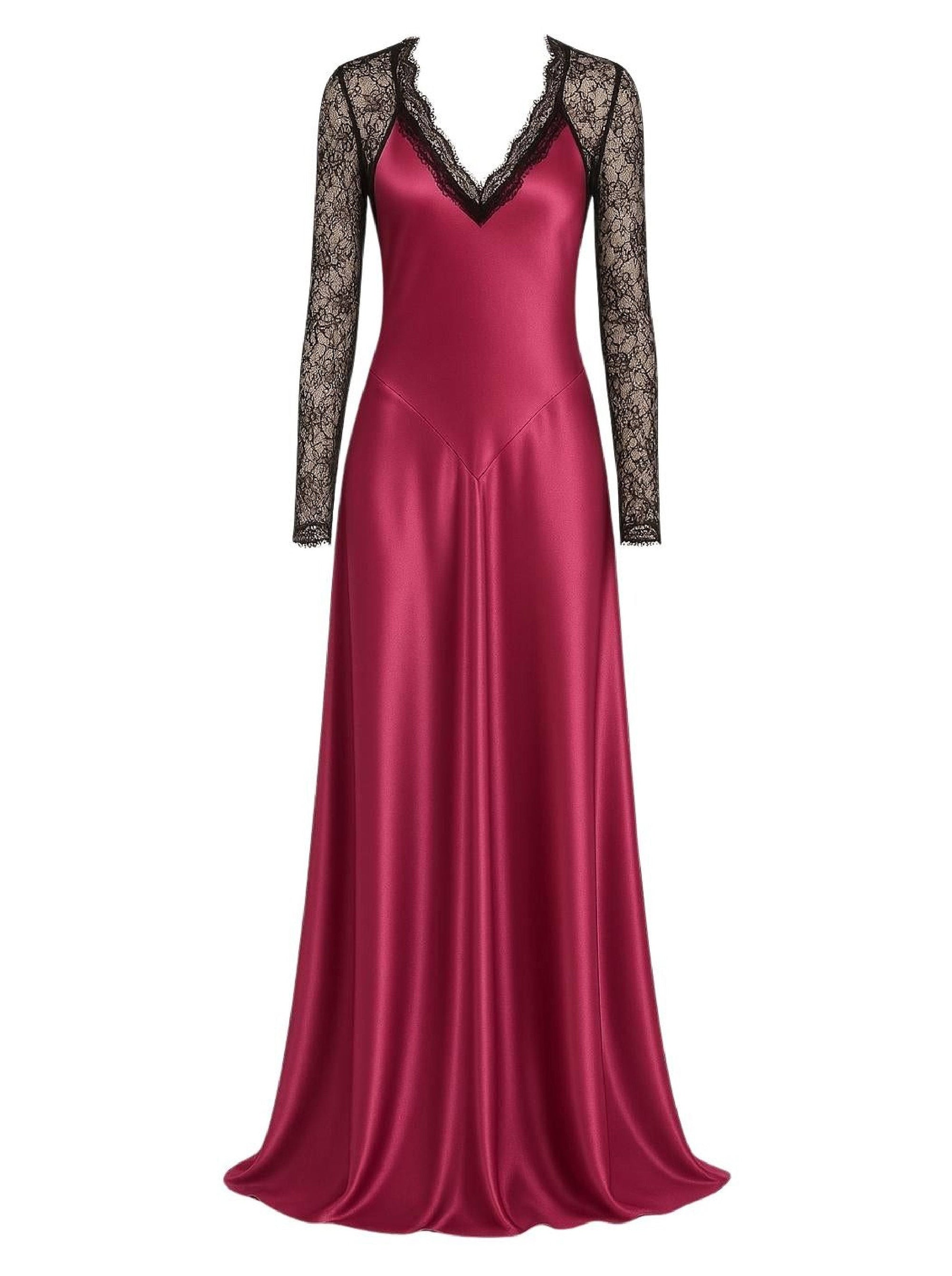 Robe longue en satin avec des empiècements en dentelle - Fantasy Fuchsia