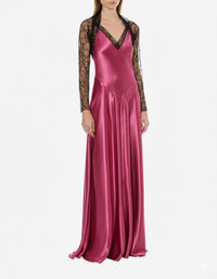 Robe longue en satin avec des empiècements en dentelle - Fantasy Fuchsia