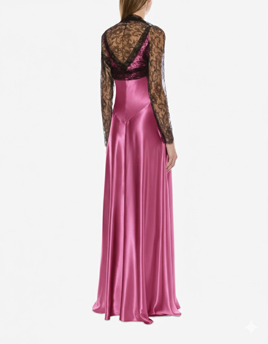 Robe longue en satin avec des empiècements en dentelle - Fantasy Fuchsia