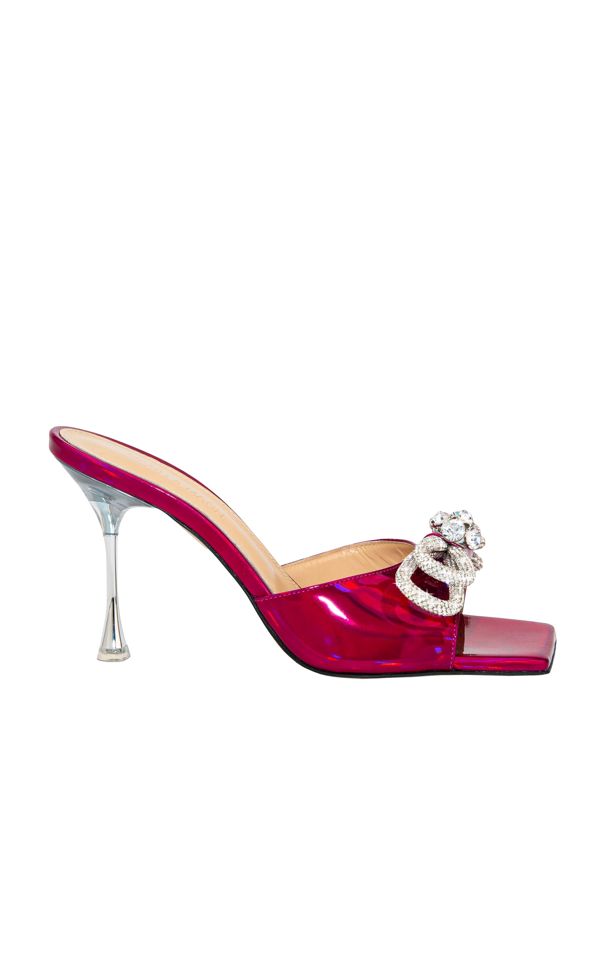 Double Bow 95 heeled mules in metallic leather & rhinestones - Fuschia