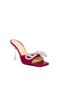 Double Bow 95 heeled mules in metallic leather & rhinestones - Fuschia