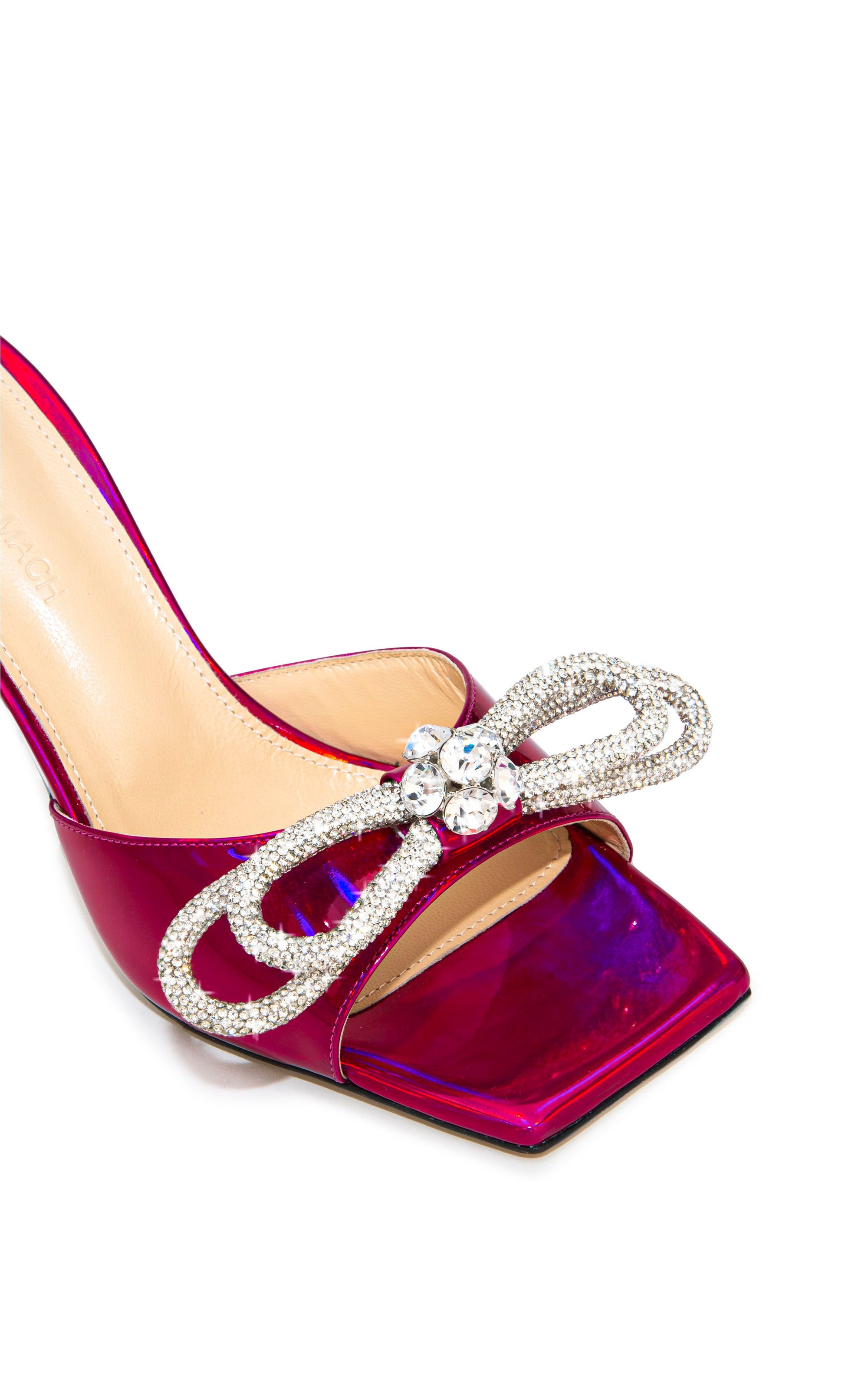 Double Bow 95 heeled mules in metallic leather & rhinestones - Fuschia