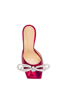 Double Bow 95 heeled mules in metallic leather & rhinestones - Fuschia
