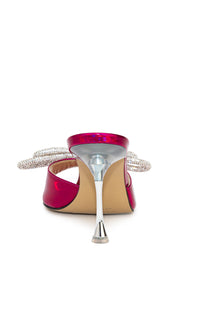 Double Bow 95 heeled mules in metallic leather & rhinestones - Fuschia
