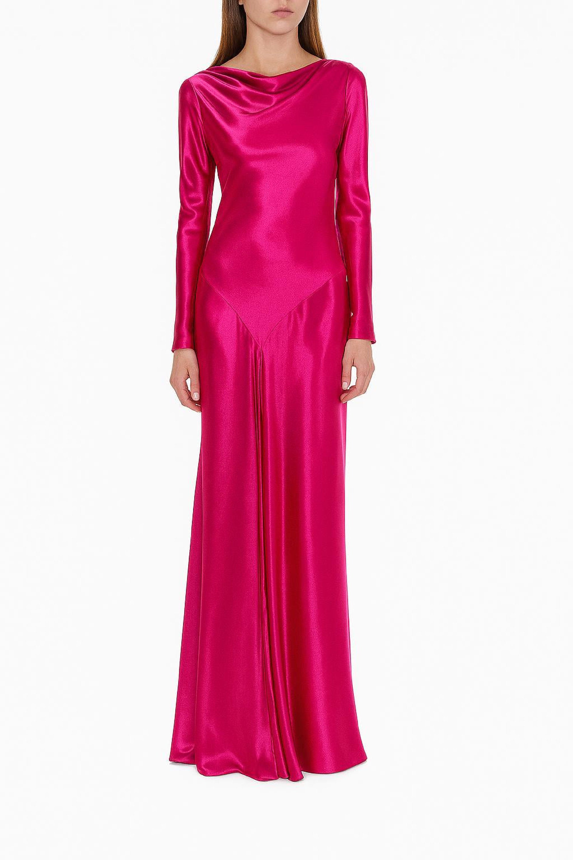 Robe longue en satin brillant - Fuchsia