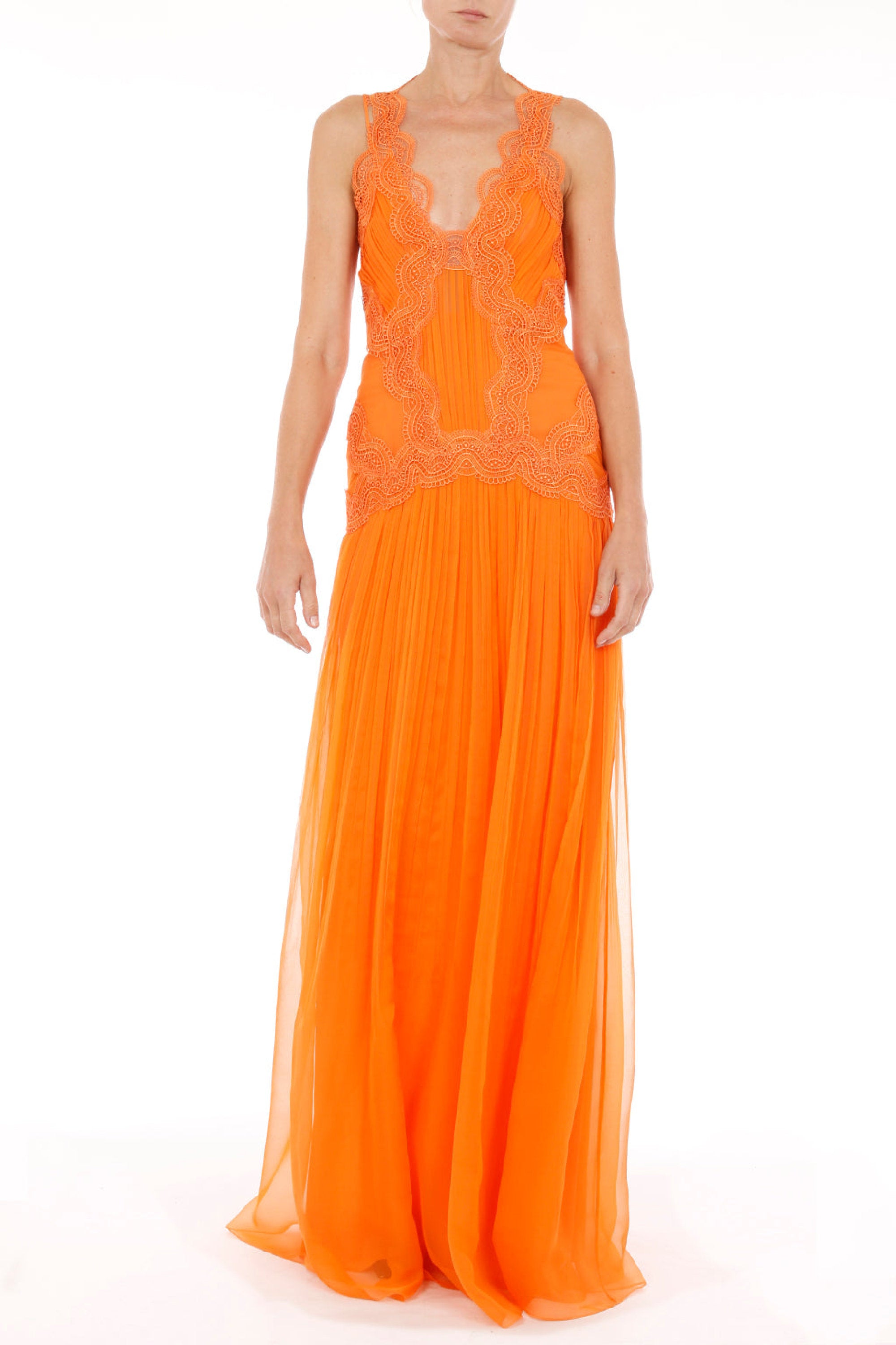 Robe longue en soie avec macramé - Orange