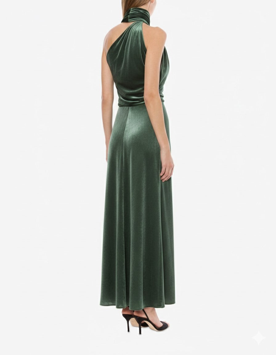 Robe à une épaule en velours brillant - Green