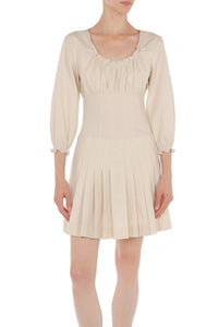 Robe courte plissée avec encolure froncée - Beige