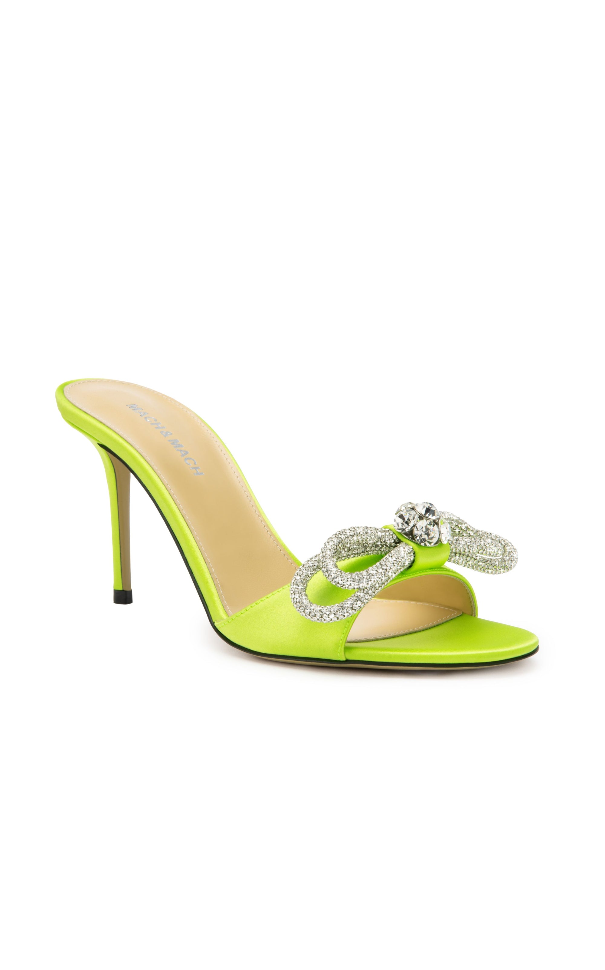 Double Bow 85 satin & rhinestone mules - Lime