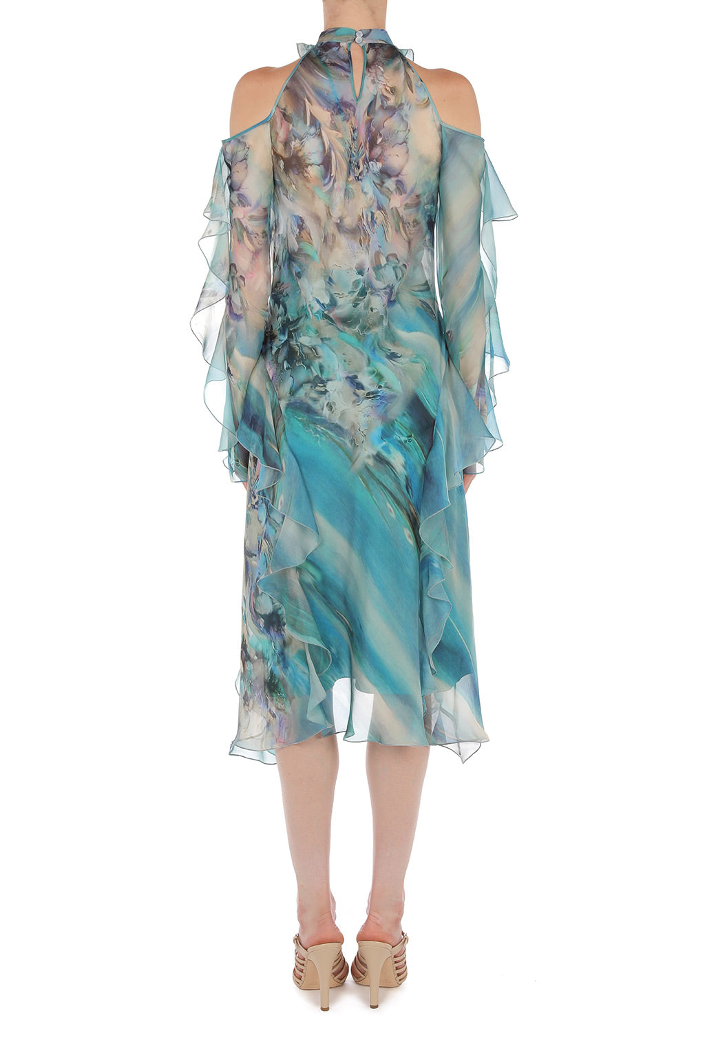 Robe midi en mousseline de soie imprimée de nénuphars - Multi Blue