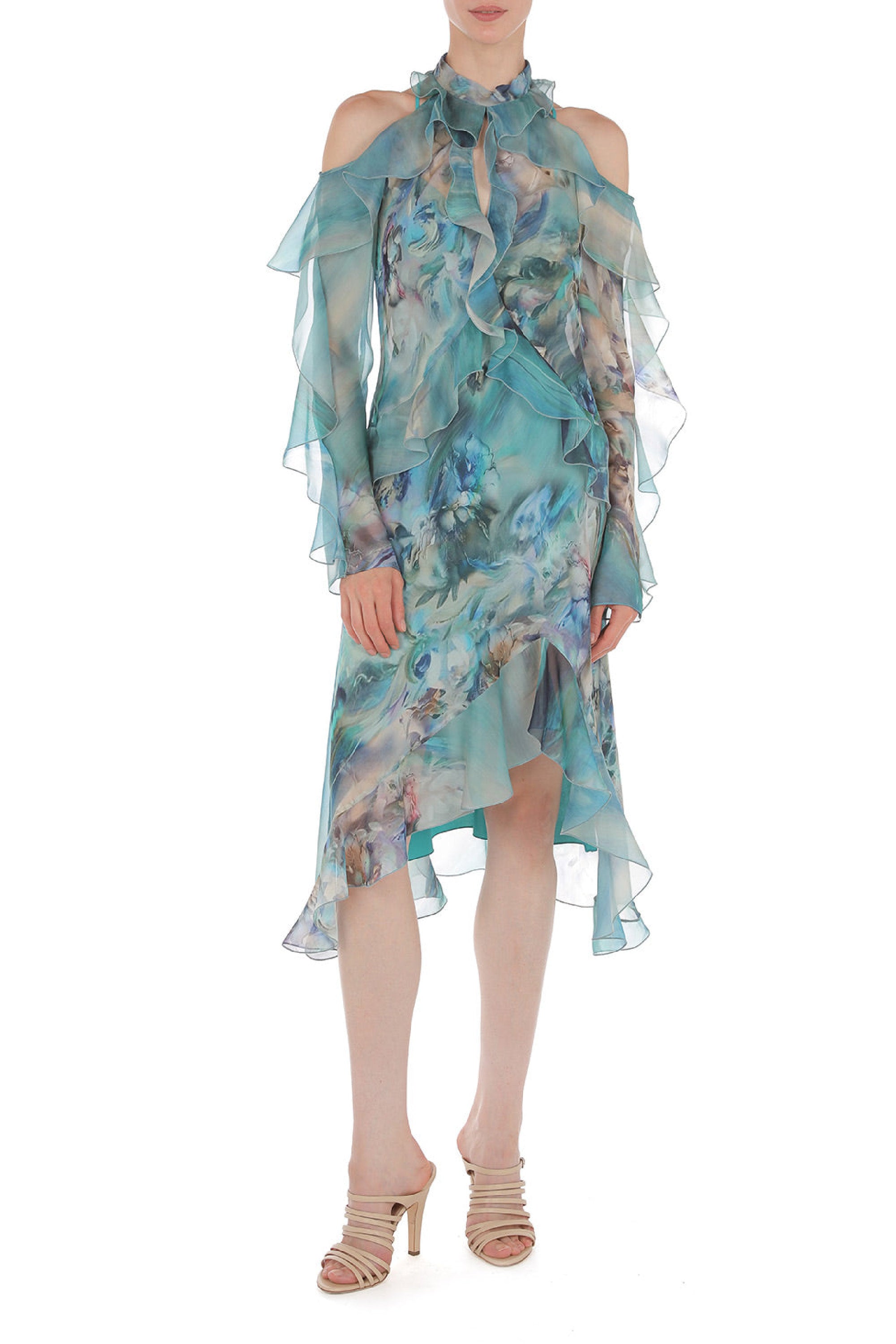 Robe midi en mousseline de soie imprimée de nénuphars - Multi Blue