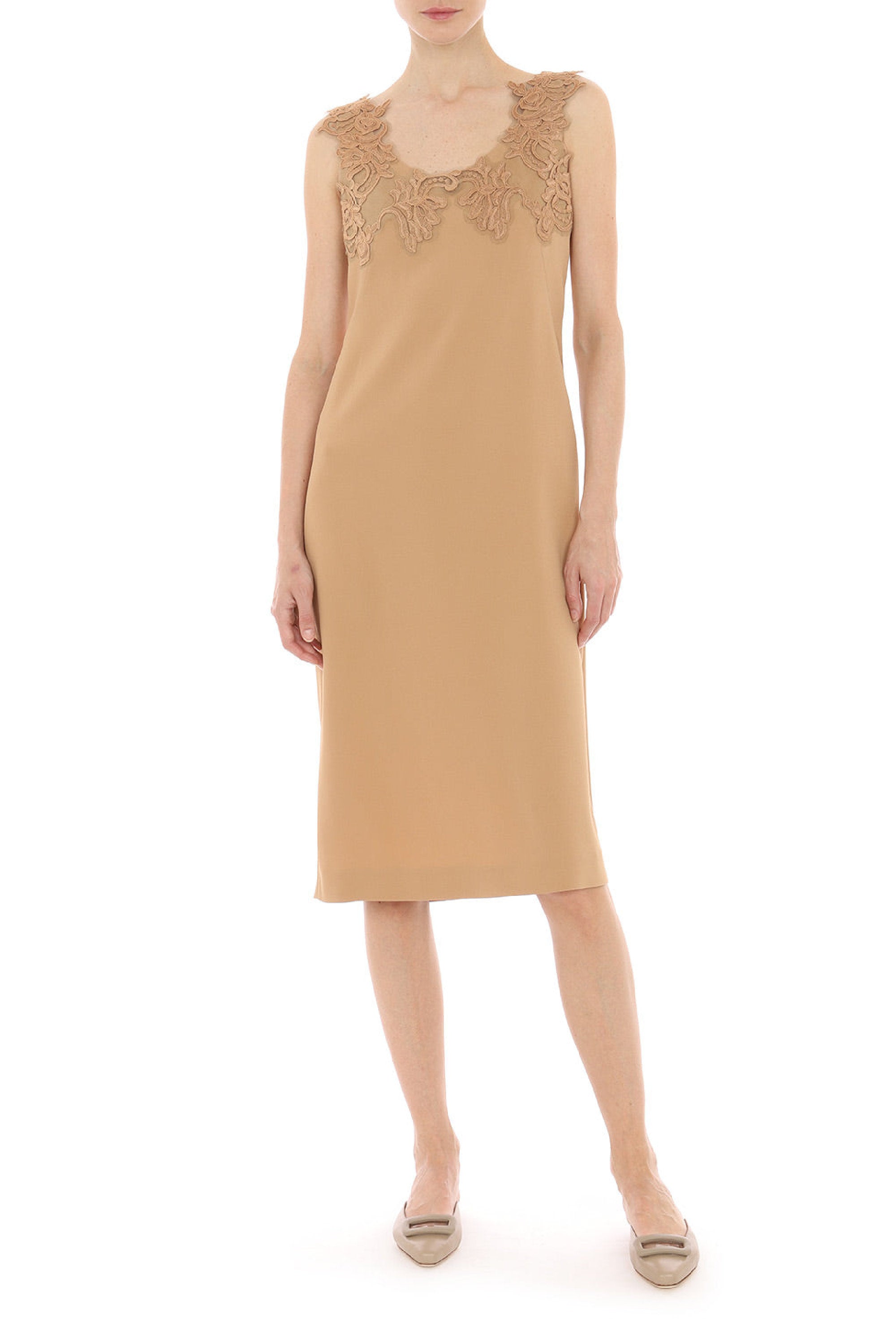 Robe midi sans manches avec encolure en dentelle brodée - Pink