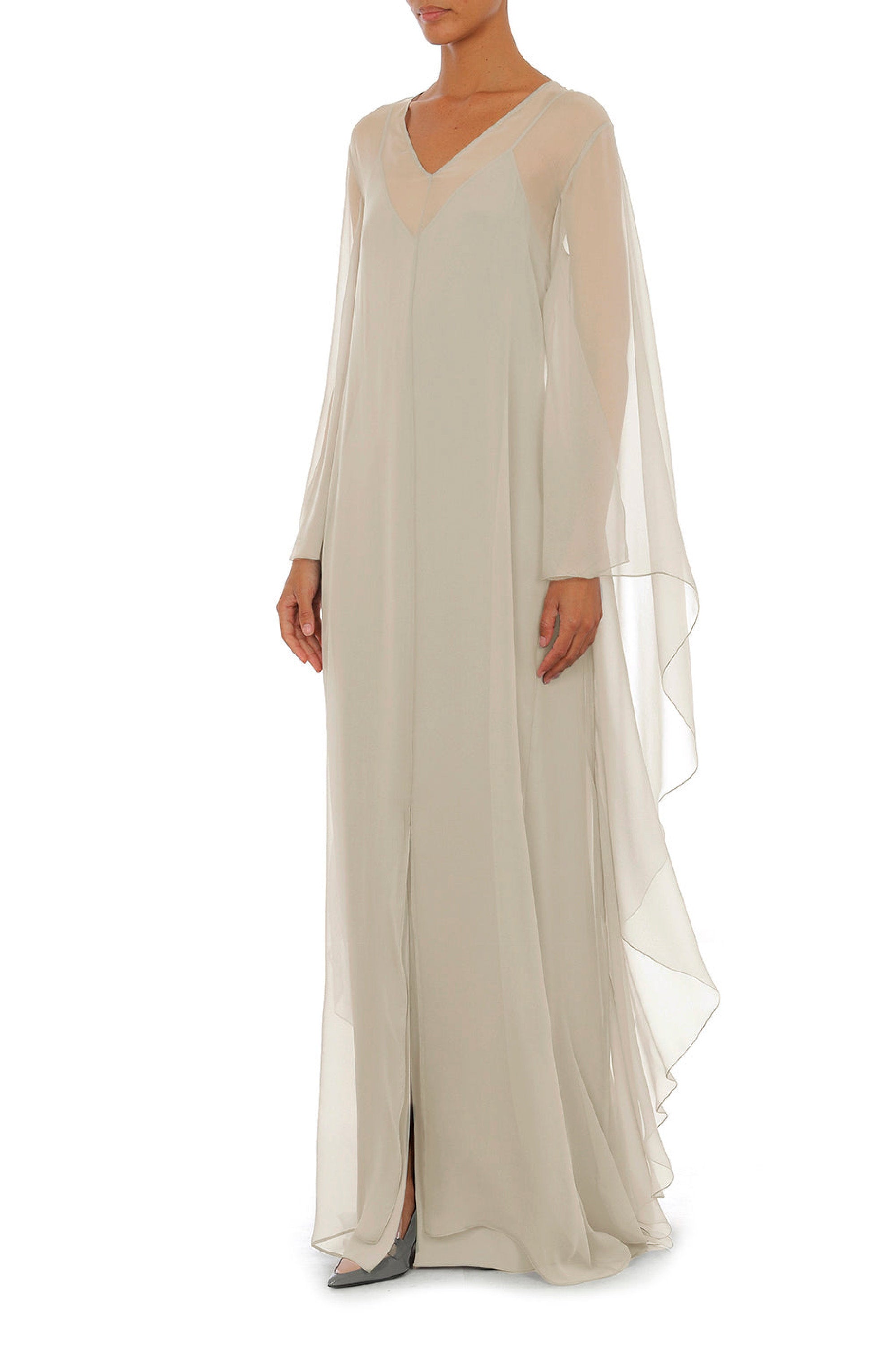Robe longue avec manches cape transparentes en soie - Ivory