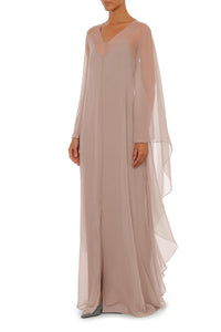 Robe longue avec manches cape transparentes en soie - Pink