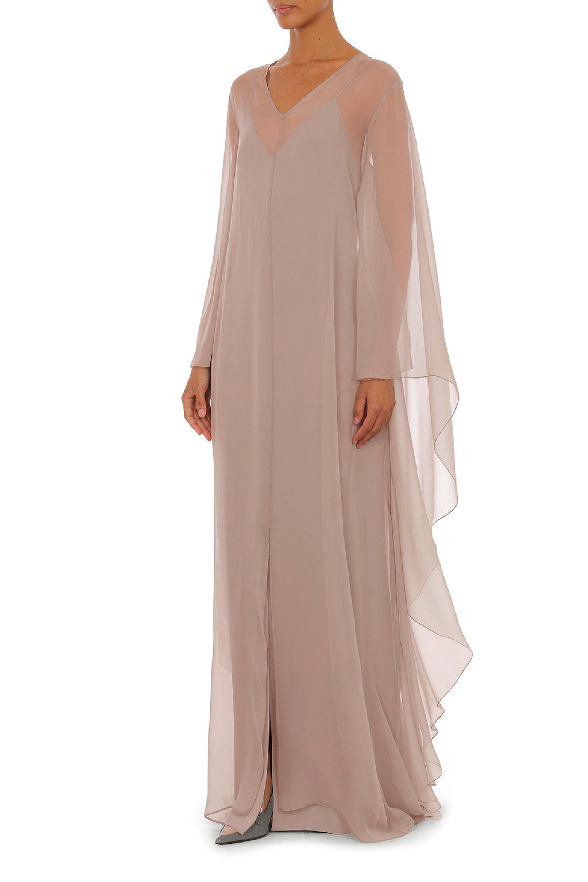 Robe longue avec manches cape transparentes en soie - Pink