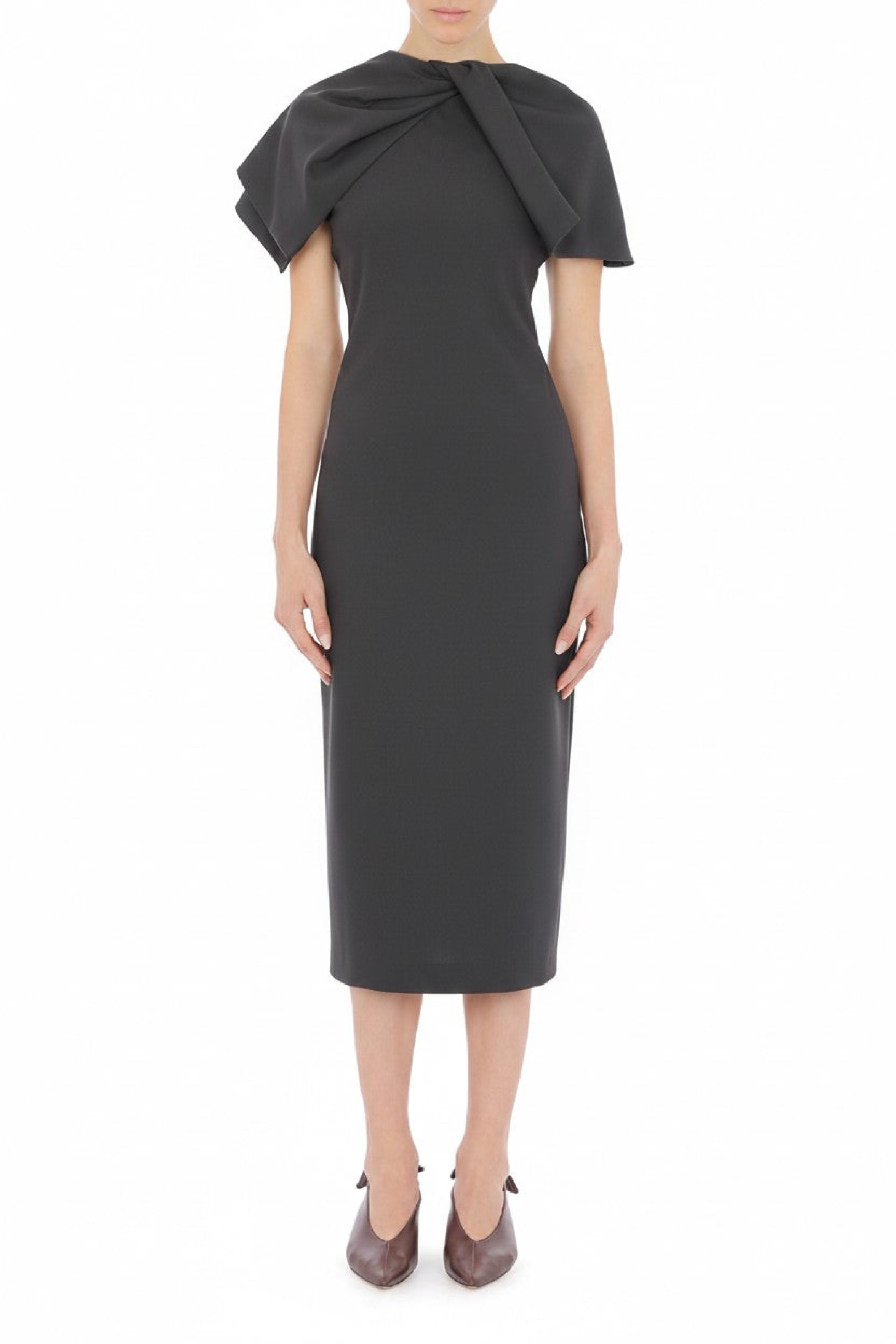Robe midi à col montant avec nœud drapé en camel - Grey