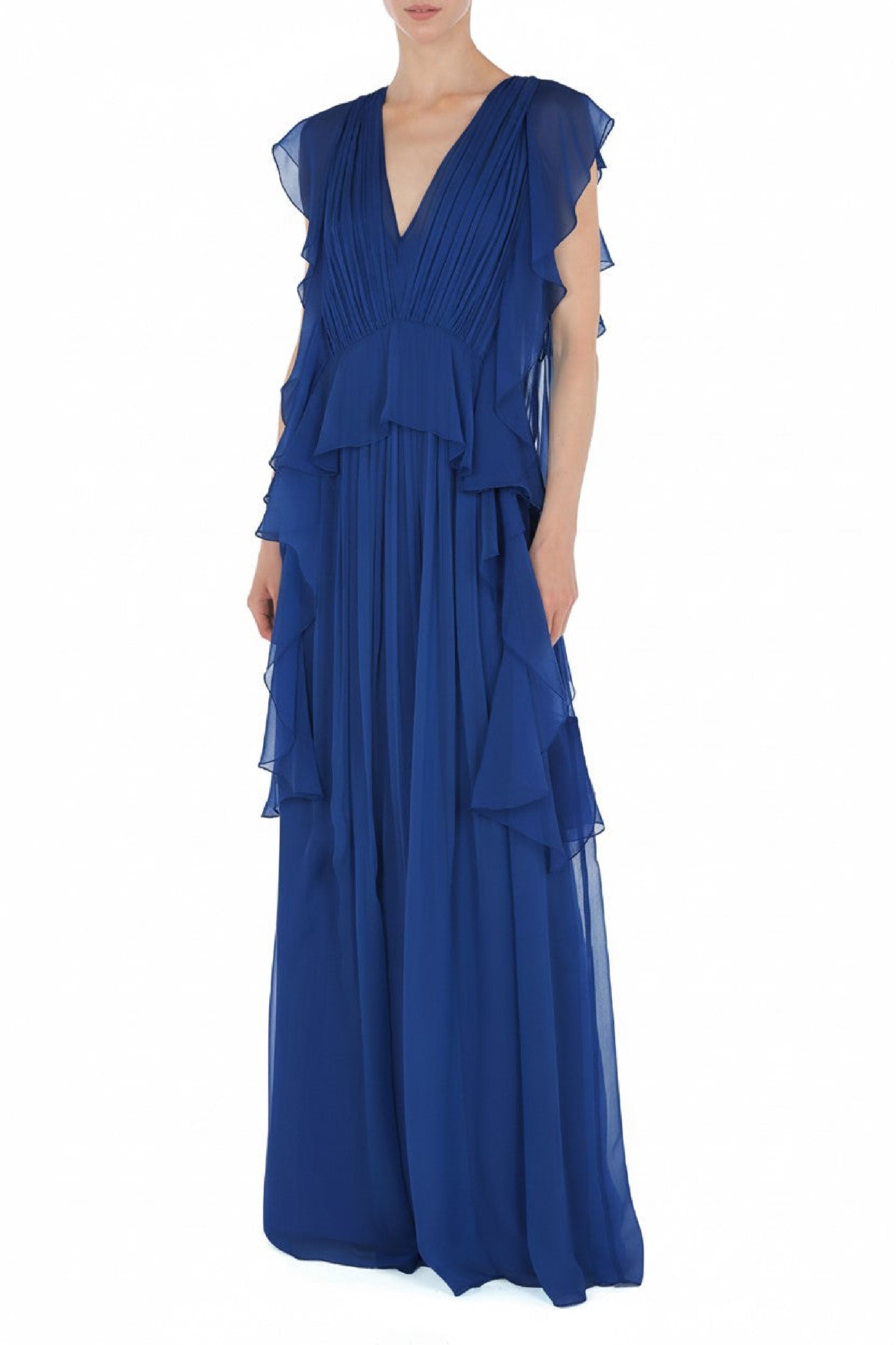 Robe longue en soie avec plis et volants - Blue & Purple
