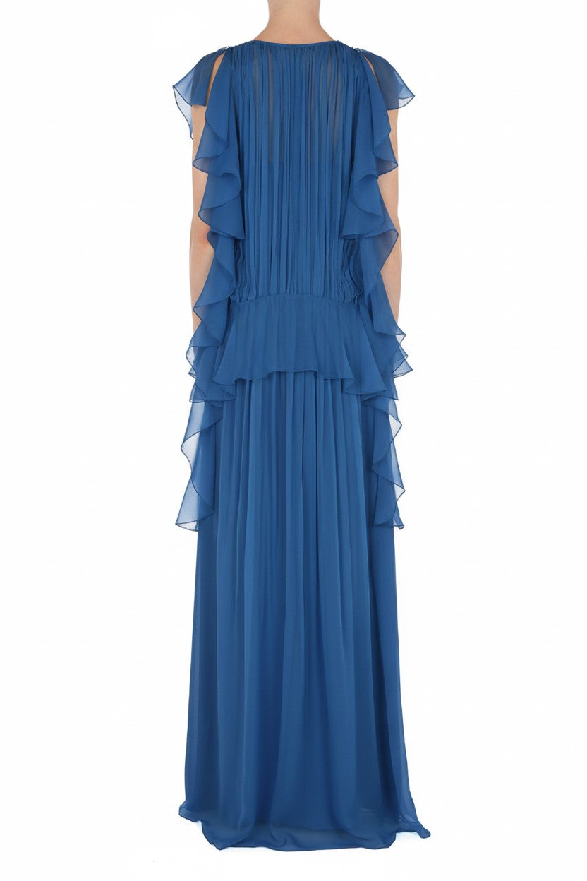 Robe longue en soie avec plis et volants - Blue & Purple
