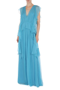 Robe longue en soie avec plis et volants - Blue