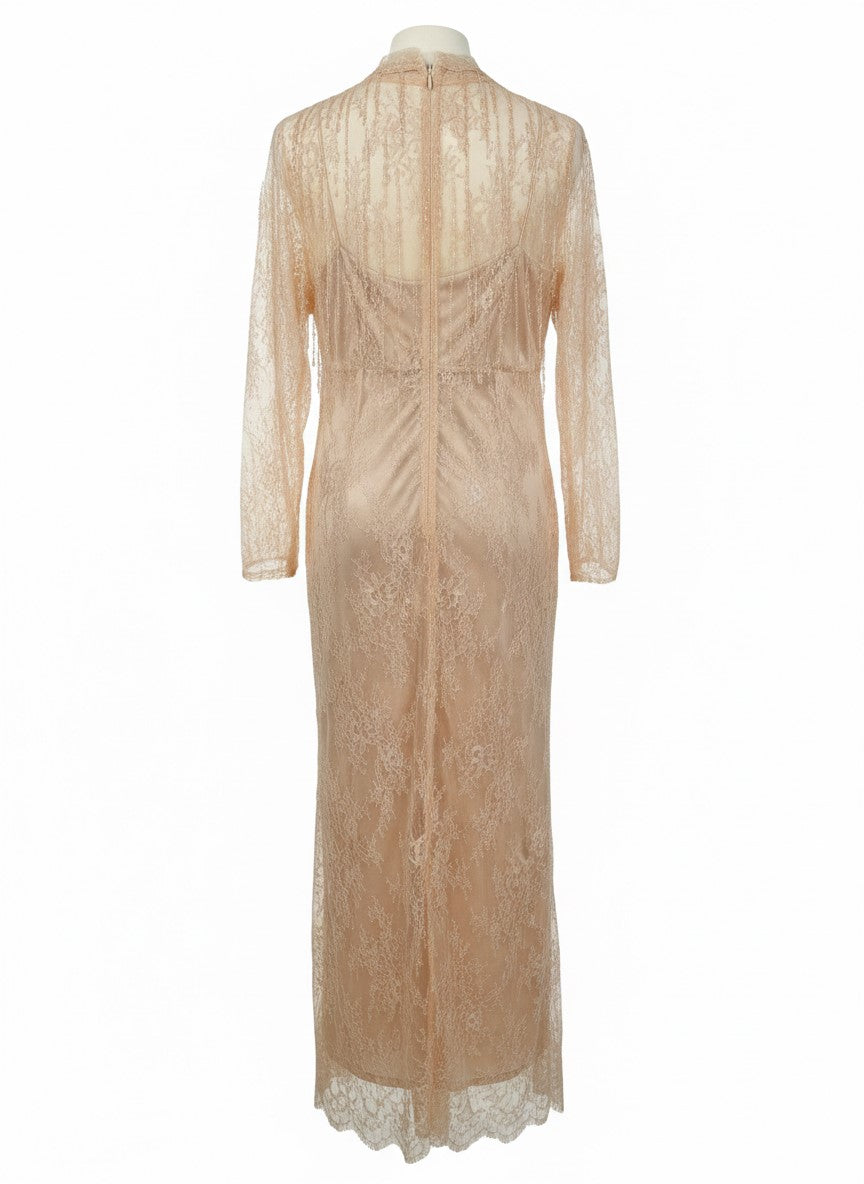 Robe midi en dentelle transparente à manches longues - Pink