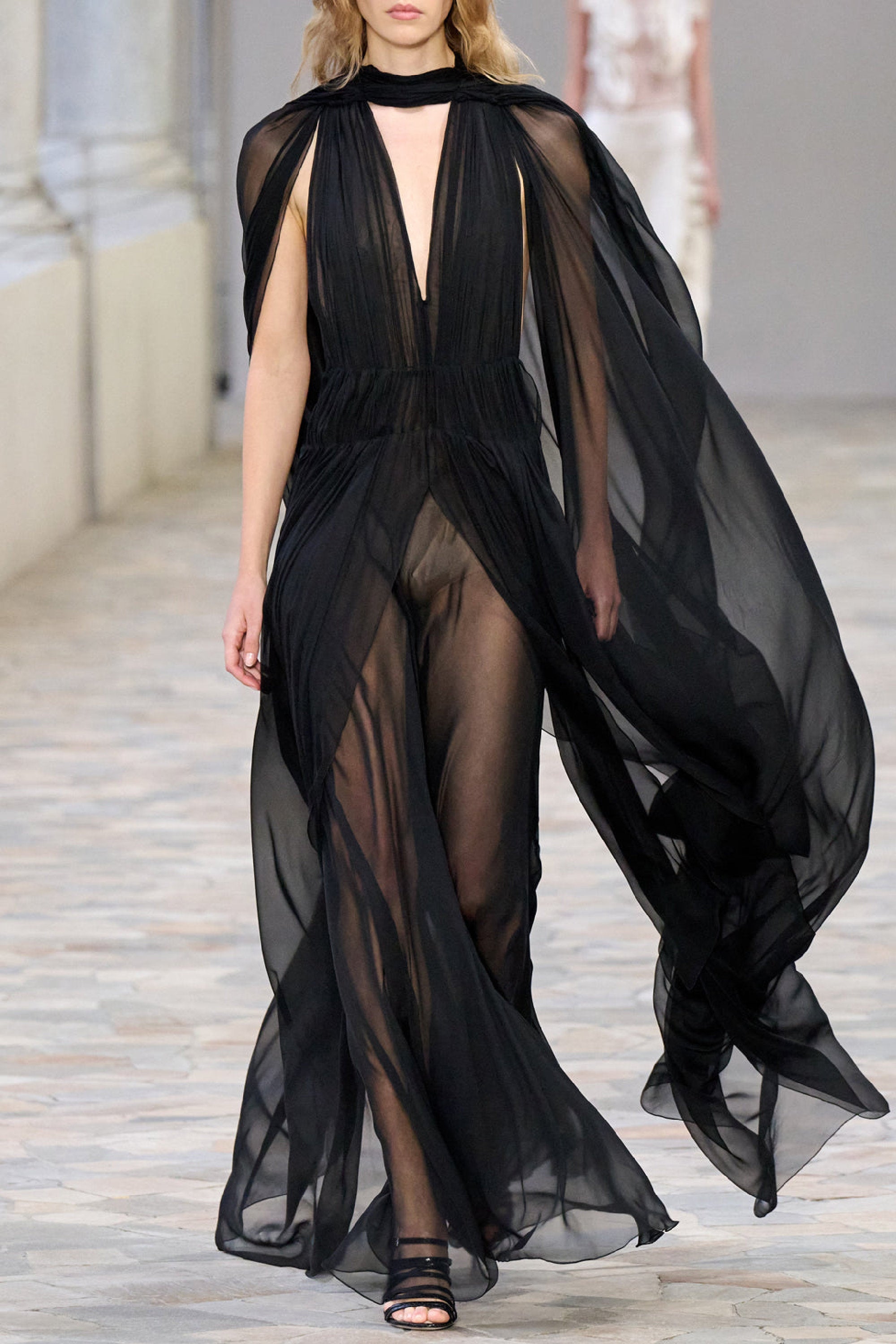 Silk maxi dress with cape - Black