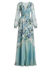 Floral maxi dress with draped silk bodice - Multi Blue