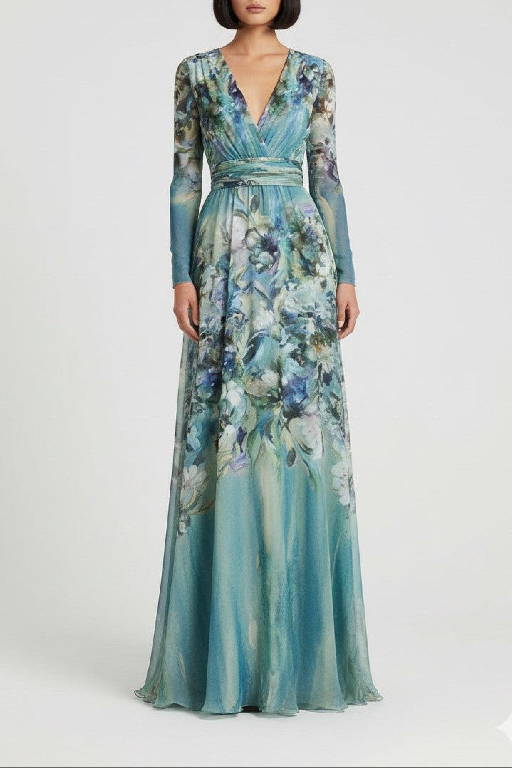 Floral maxi dress with draped silk bodice - Multi Blue