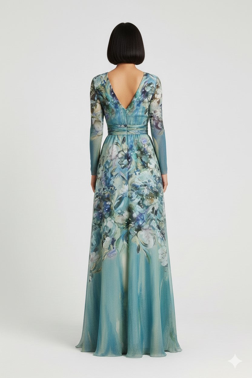 Floral maxi dress with draped silk bodice - Multi Blue