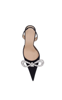 Double Bow 110 Slingback in silk & strass - Black
