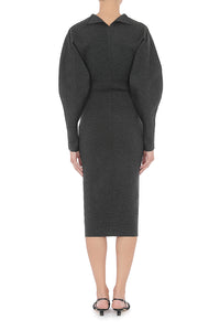 Structured midi dress with sculptural sleeves in wool - Dark Grey