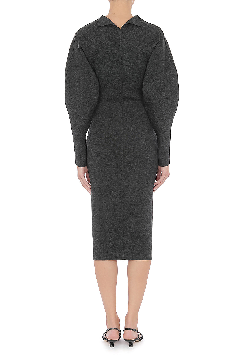 Structured midi dress with sculptural sleeves in wool - Dark Grey