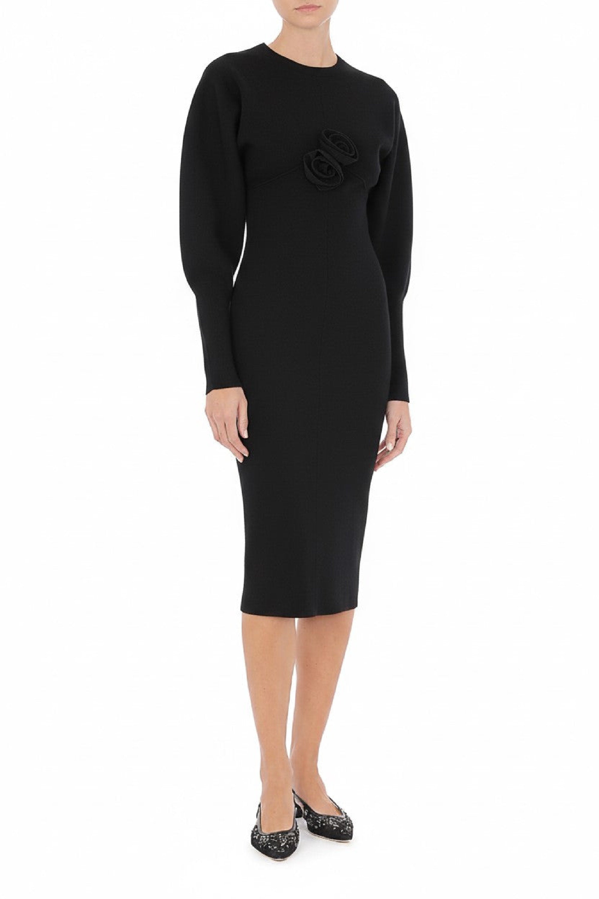 Robe midi structurée avec manches sculpturales en laine - Black