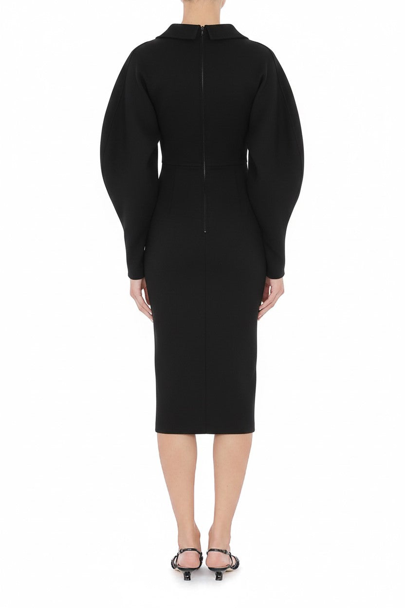 Robe midi structurée avec manches sculpturales en laine - Black